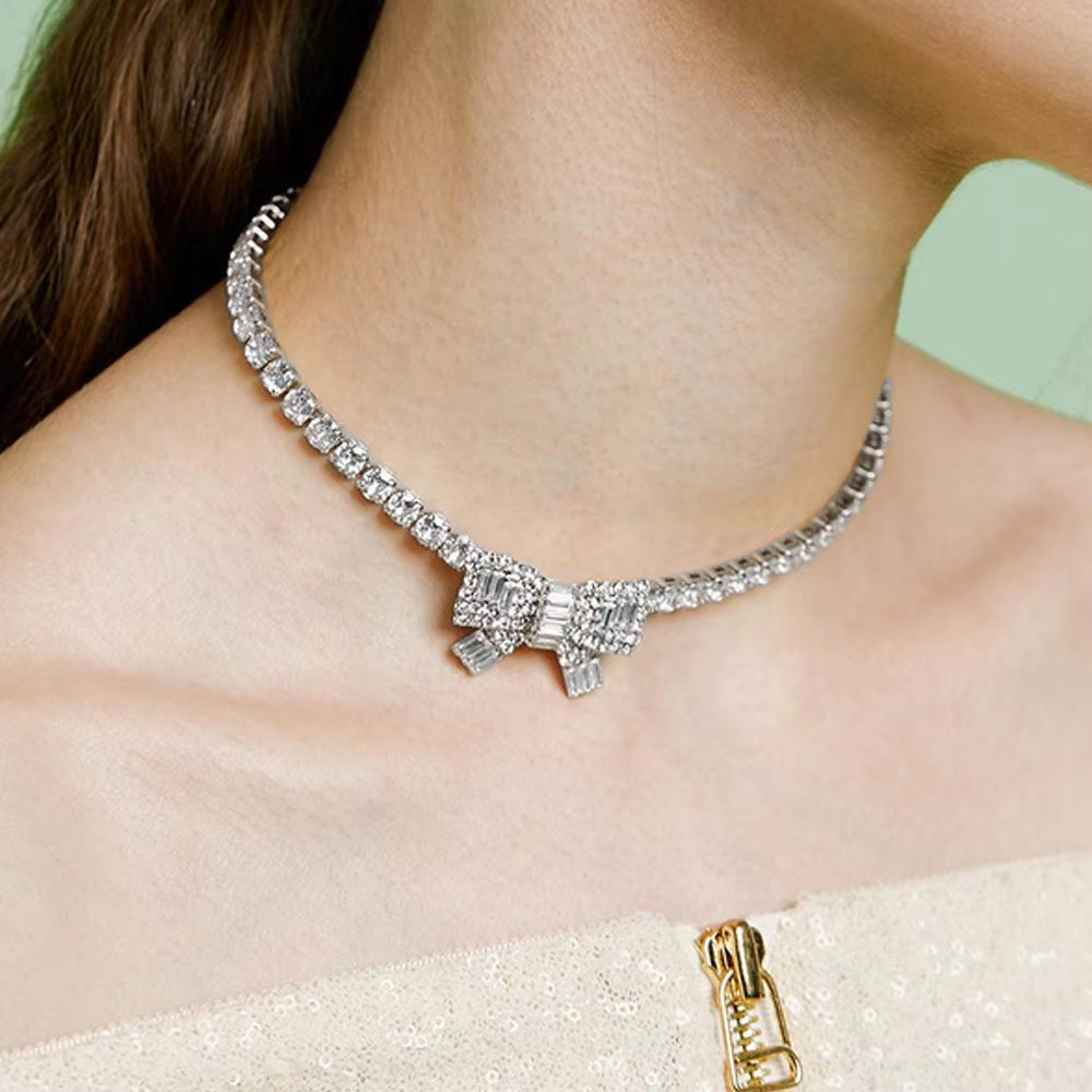 Sparkling Crystal Clavicle Necklace for Women High-quality Square CZ Zircon One Piece Bow Knot