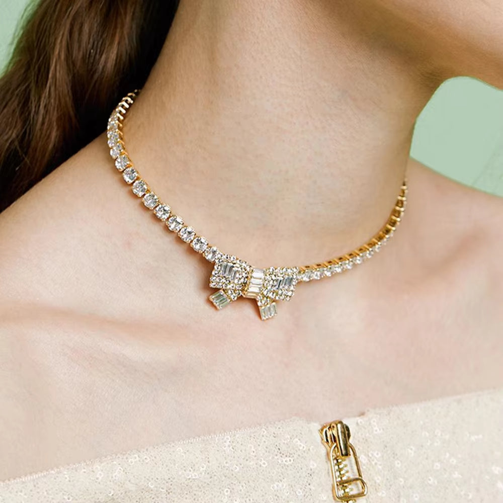 Sparkling Crystal Clavicle Necklace for Women High-quality Square CZ Zircon One Piece Bow Knot