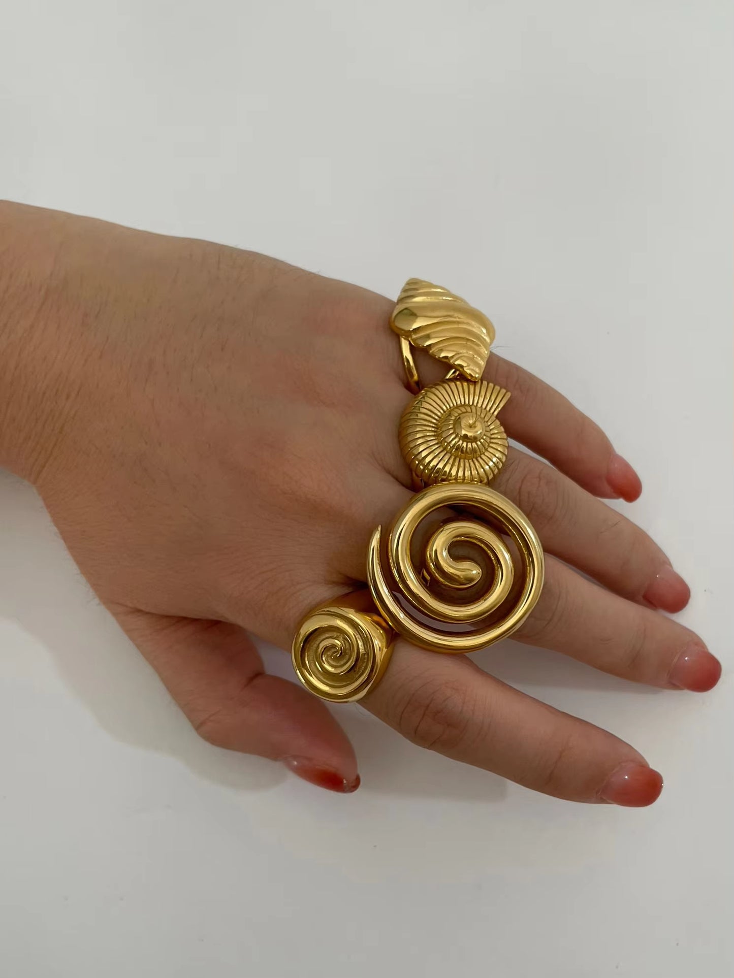 Peri'sbox Stainless Steel Conch Croissant Glossy Spiral Hollow Chunky Open Rings for Women