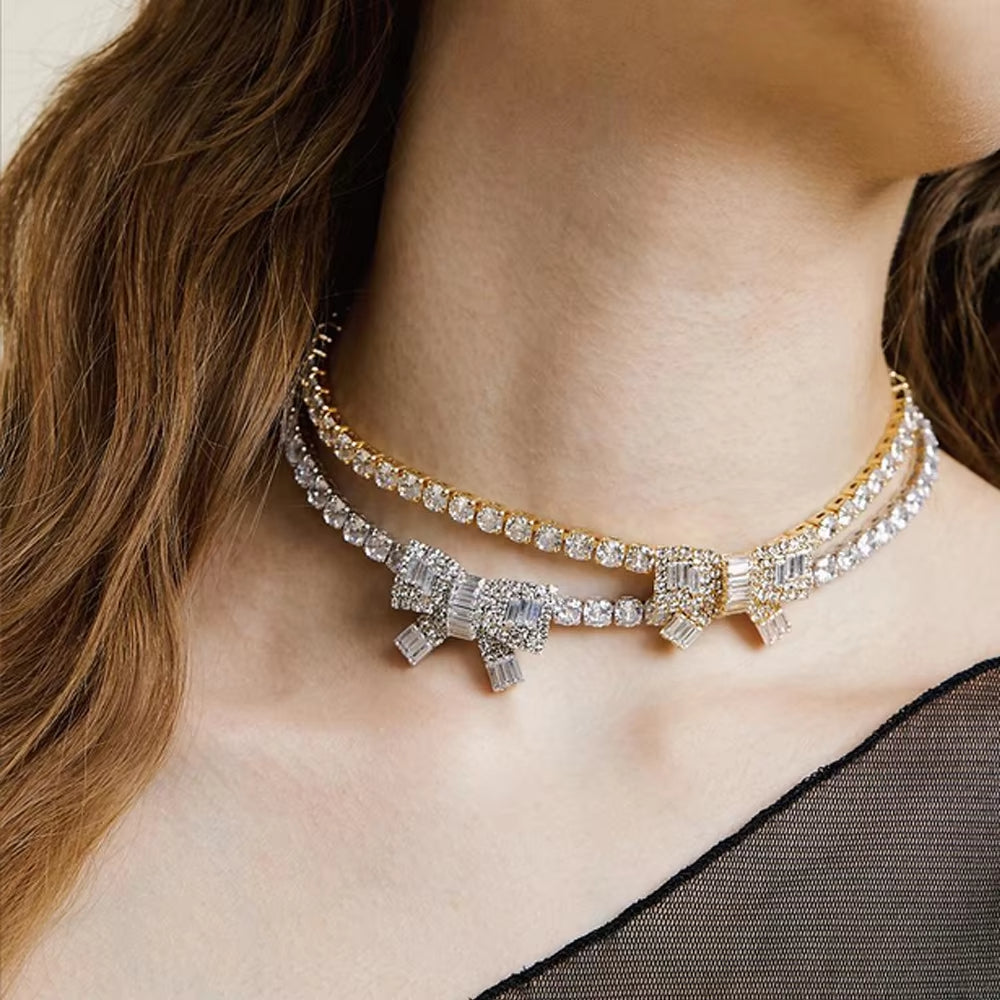 Sparkling Crystal Clavicle Necklace for Women High-quality Square CZ Zircon One Piece Bow Knot