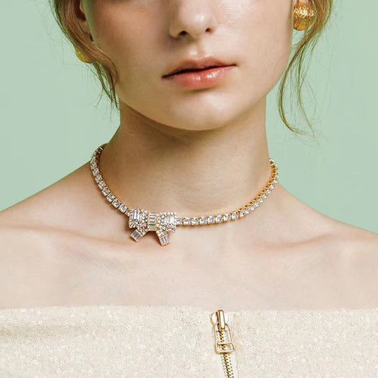 Sparkling Crystal Clavicle Necklace for Women High-quality Square CZ Zircon One Piece Bow Knot